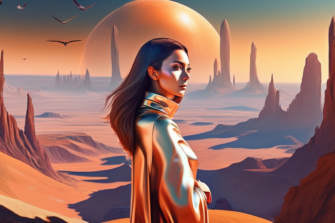 woman in an alien planet with serene nature and human city digital painting, Rafael Sanzio, birds, very well dressed, tan skin, beautiful landscape, looking to the camera, looking straight ahead, manga, perfect hands, highly detailed, Monalisa pose, high contrast, high quality, digital painting, highly detailed <lora:Lexica_XL_V1:1> Lexica art style