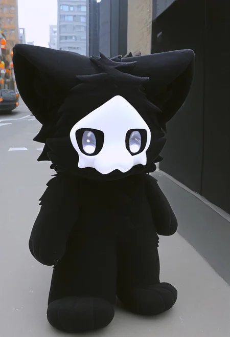 lv1rubili, zPDXL2, furry, anthro, cute, kemono, male focus, score_9, score_8_up, score_7_up, full body, digital art, highly detailed, looking at viewer, standing to viewer, full view, puro, black latex, furry, changed, white eyes, white mask, black fur, 1boy, solo, moody midnighttime atmosphere, midnight city background, (((standing on street with an happy expression on his face))), (((toys, front toys)))