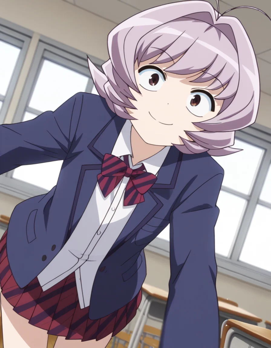 score_9, score_8_up, score_7_up, source_anime,
najimiosana, <lora:najimi-osana-s1s2-ponyxl-lora-nochekaiser:1>,
najimi osana, short hair, brown eyes, purple hair, hair intakes, antenna hair,
skirt, shirt, long sleeves, bow, school uniform, jacket, white shirt, pleated skirt, striped, collared shirt, bowtie, red skirt, blazer, blue jacket, striped bow, striped bowtie,
indoors, classroom, bent over, smile,
looking at viewer, cowboy shot, dutch angle, solo,
