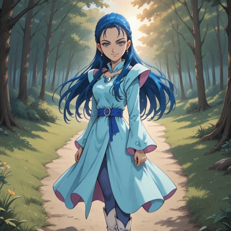score_9, score_8, BREAK, solo, Kiryuu_Kaoru_(Pretty_Cure), 1girl, blue hair, long hair, forehead, blue eyes, eyelashes, blue earings, jewelry, light blue dress, long sleeves, juliet sleeves, brooch, blue belt, blue pantyhose, white boots, white footwear, self portrait, smile, looking at viewer, outdoors, sunlight, shadows, evening lighting, natural lighting, forest, trees, grass, orange sky, sunset
