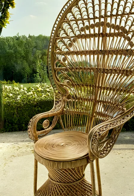 fauteuil_Emmanuelle, rotin, rattan armchair, detailed, cinematic, surreal, open background, nature background, flower, romantic, beautiful, delicate, magical, artistic, intricate, elegant, perfect deep detail, strong focus, epic composition, joyful,, unique, amazing, gorgeous, dramatic <lora:offset_0.2:0.1> <lora:fauteuil_Emmanuelle:1>