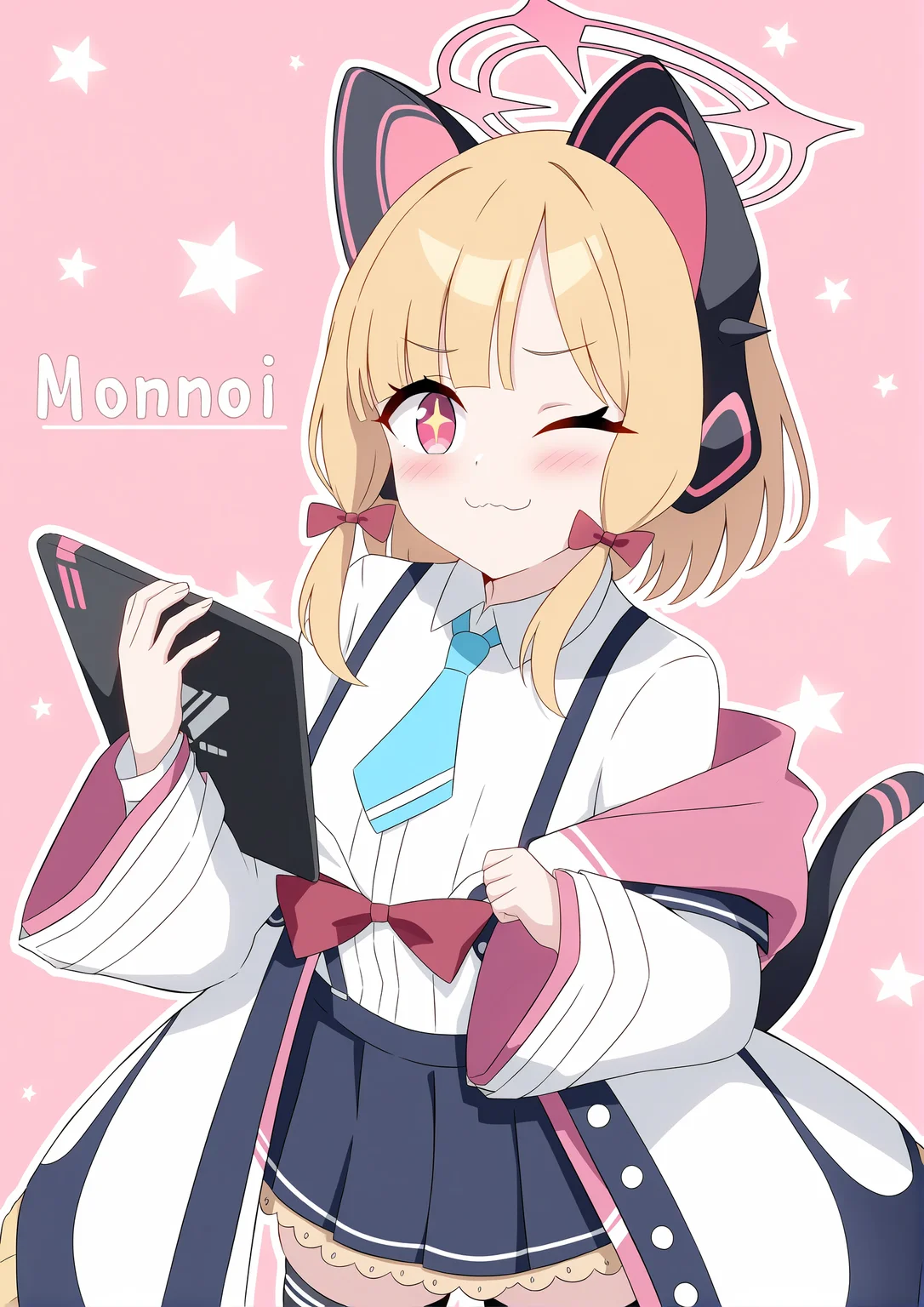 1girl,
momoi \(blue archive\), blue archive,
jyt, hara \(harayutaka\),
blue ribbon, short necktie, one eye closed, suspender skirt, cat ear headphones, ;3, low-tied sidelocks, headphones, swept bangs, light brown hair, closed mouth, white sailor collar, standing, fake animal ears, multicolored clothes, collared shirt, ribbon, tail, star \(symbol\), zettai ryouiki, smile, holding tablet pc, skirt, pink background, long sleeves, red bow, collarbone, simple background, solo, red skirt, miniskirt, +_+, necktie, bow, starry background, wavy mouth, white shirt, breasts, hair ribbon, small breasts, halo, two-tone jacket, blush, blonde hair, red necktie, off shoulder, hands up, black jacket, animal ears, open clothes, holding, jacket, pink bow, looking at viewer, pleated skirt, :3, cowboy shot, sailor collar, striped, multicolored jacket, red jacket, suspenders, shirt tucked in, wide sleeves, cat tail, striped coat, shirt, blue jacket, red eyes, white jacket, tablet pc, thighhighs, blue bow, character name, multicolored coat, aqua bow, coat, black thighhighs, short hair with long locks, sidelocks, open mouth, green jacket, open coat, skindentation, animal ear head,
masterpiece, best quality, newest, absurdres, highres