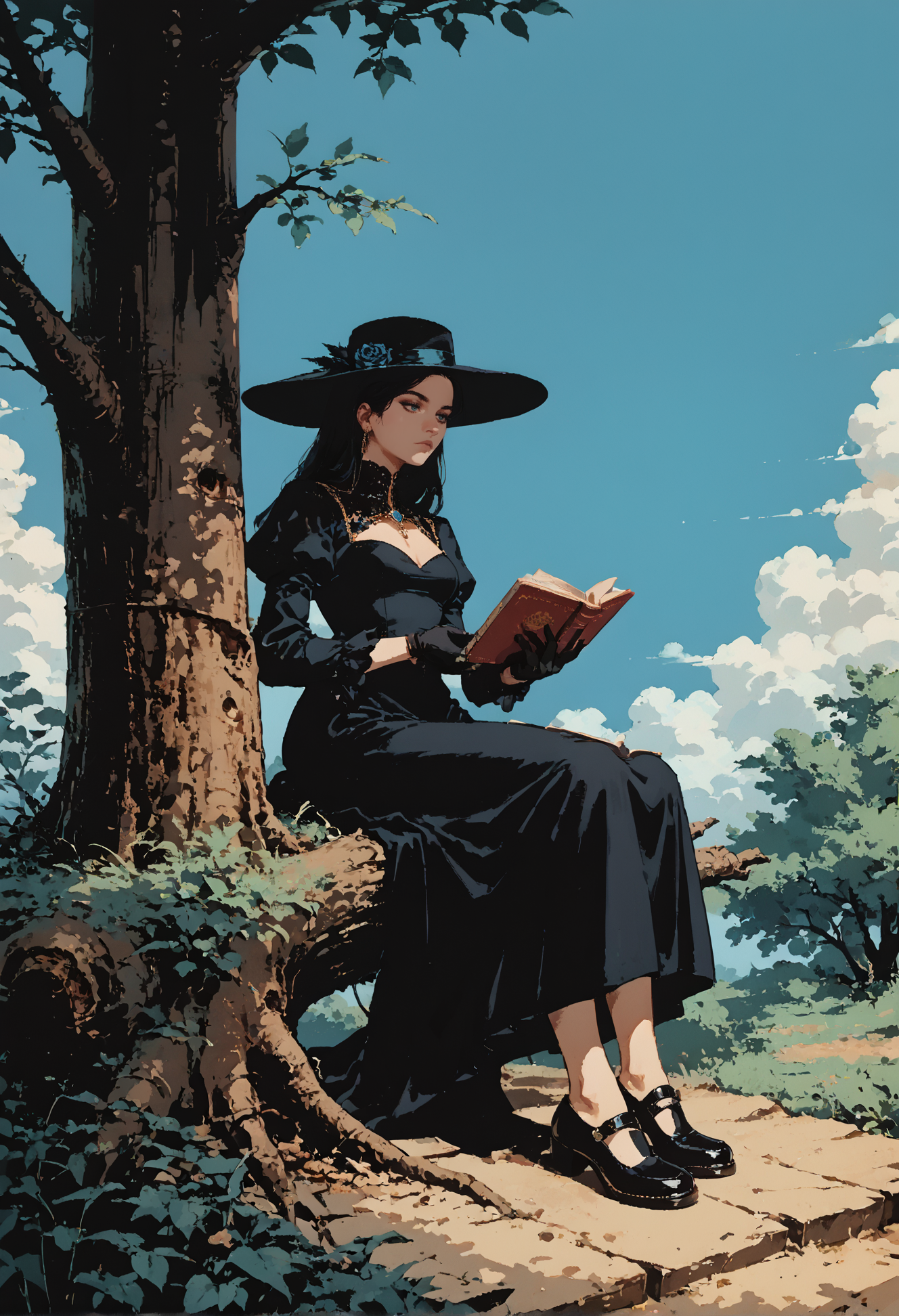 score_9, score_8_up, score_7_up, 1girl, sitting against a tree, full body, black dress, black shoes, noble outfit, black hat, black gloves, reading a book, expressionless, blue sky, cloudy, <lora:dcr34sed-c0l0ring-20:1>, dcr34sed_c0l0ring,
