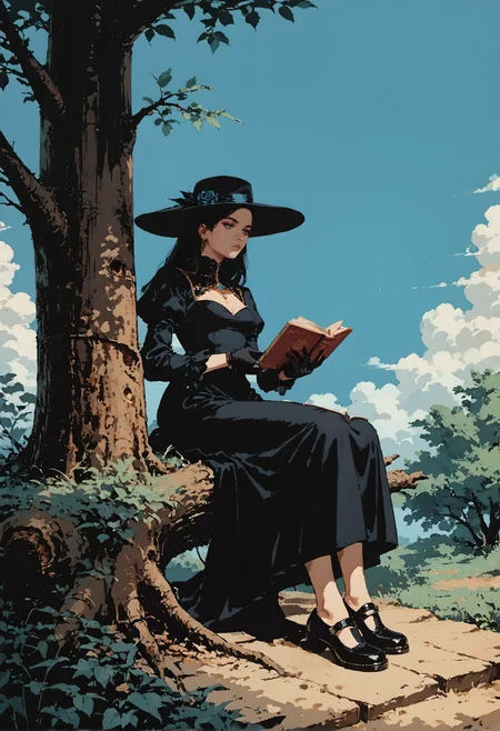 score_9, score_8_up, score_7_up, 1girl, sitting against a tree, full body, black dress, black shoes, noble outfit, black hat, black gloves, reading a book, expressionless, blue sky, cloudy, <lora:dcr34sed-c0l0ring-20:1>, dcr34sed_c0l0ring,