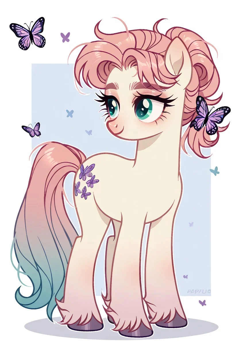 score_9, score_8_up, score_7_up, score_6_up, score_5_up, score_4_up, show accurate, full body, simple background, feral pony, female pony, adorable appearance, original character, earth pony, dreamy expression, butterflies in the hair, Light blue body, cream belly, lavender spots, teal eyes, straight medium hair with pastel pink strands, casual ponytail, long tail, matching teal hooves