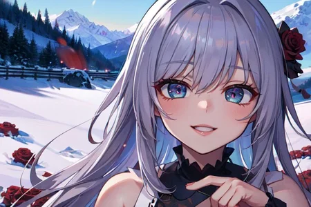 (masterpiece:1.4), 4K8K, (anime style), (high shutterspeed:1.4), (sharp edges),
SyFyEye1,
1woman hands togather, leaning foward, face focus, smile,
wearing Celtic style dress, (Detailed face, Detailed eyes),
any colored roses, Alps in the background,