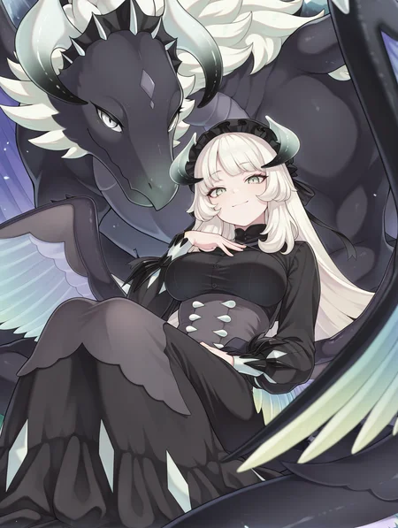 1girl,spread wings,smile,sitting,on back,looking at viewer,closed mouth,medium breasts,1other,dark dragon,dragonmaid stern,chamber dragonmaid,black maid dress,black mob cap,hand on own chest,
masterpiece,best quality,amazing quality,very aesthetic,absurdres,newest,<lora:Chamber dragonmaid illuXL v1:0.73>,