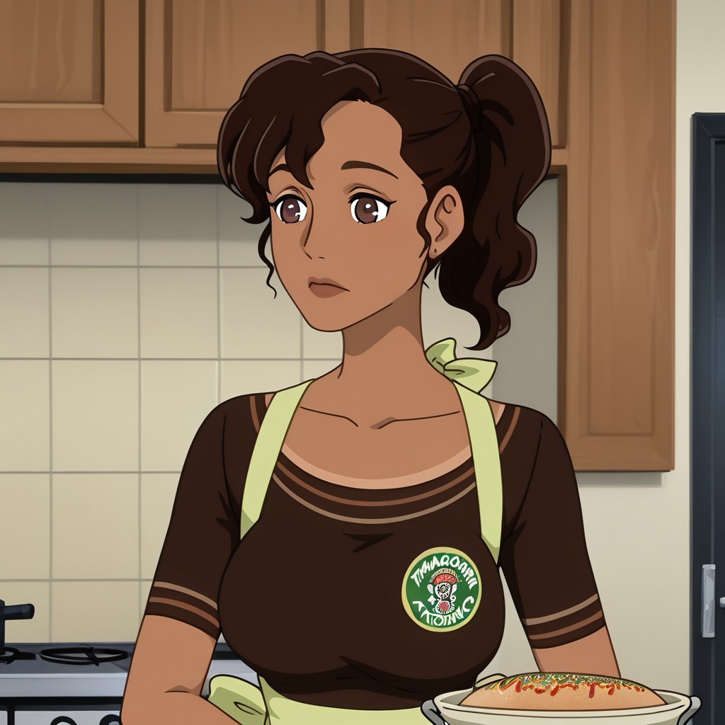 Margarita, 1girl, solo, tanned skin, dark brown hair with ponytail
Margarita cooking some tacos in a traditional Mexican kitchen