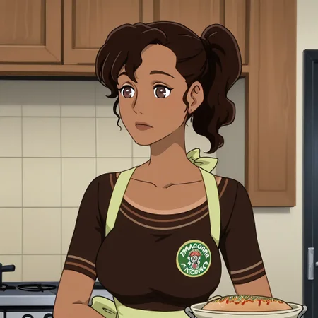 Margarita, 1girl, solo, tanned skin, dark brown hair with ponytail
Margarita cooking some tacos in a traditional Mexican kitchen