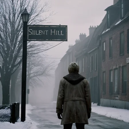 cinematic film still of <lora:perfection style:0.5> <lora:detailed:0.5> perfection detailed
<lora:Sairento Hiru style:1>
In the mysterious New England town of Silent Hill Protagonist a person standing in the snow near a sign says "silent hill",solo,1boy,standing,male focus,outdoors,sky,cloud,from behind,english text,tree,coat,snow,sign,wide shot,grey sky , cinematic, supernatural, horror style, Sairento Hiru style, shallow depth of field, vignette, highly detailed, high budget, bokeh, cinemascope, moody, epic, gorgeous, film grain, grainy