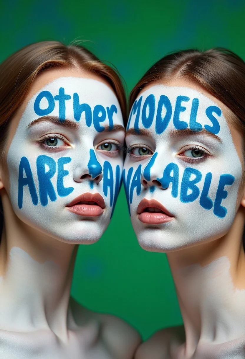 close up image of two young women faces painted white facing camera. The words "Other models are available" are painted in large blue letters on the across the women's faces in body paint. The background is a vibrant green color with brush strokes. The overall mood of the image is playful and provocative.
