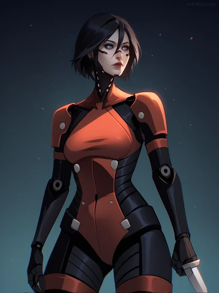 score_9, score_8_up, score_7_up, score_6_up, score_5_up, score_4_up, rating_safe
BREAK
elster, cyborg, black hair, blue eyes, expressionless, looking away, hair between eyes,
BREAK
solo, cowboy shot, skinny, black bodysuit, red accents, red leotard, medium breasts, holding knife,
BREAK
black background, realistic, chromatic aberration, <lora:Lunas-HotaruSen-SDXL-A1:1> <lora:Lunas-Elster-Signalis-SDXL-A1:1>