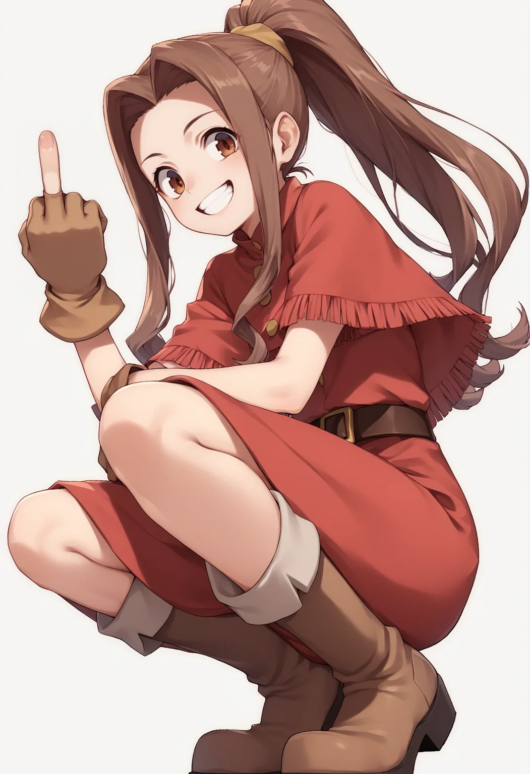 1girl, mimi, very long hair, sidelocks, long ponytail, brown eyes, red dress, capelet, brown gloves, belt, skirt, boots, squatting, from below, smile, :3, middle finger <lora:MimiSora:1>, score_9, score_8_up, score_7_up, score_6_up, score_5_up, score_4_up, BREAK source_anime, masterpiece