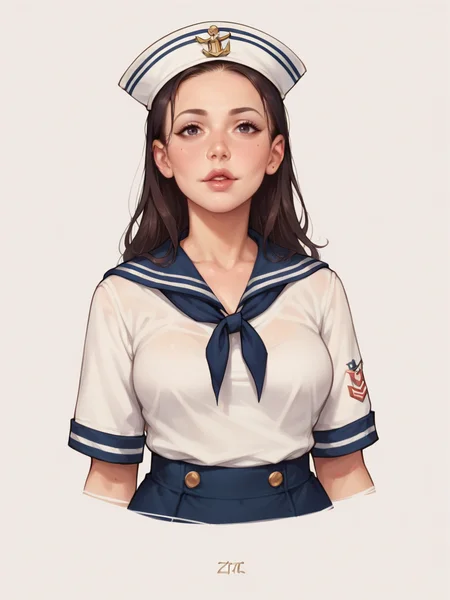 score_9, score_8_up, score_7_up, score_6_up, score_5_up, <lora:s41l0rXLP:0.7> s41l0r, dixie cap hat, hat, sailor, sailor collar, shirt, solo, 1girl, curvy,