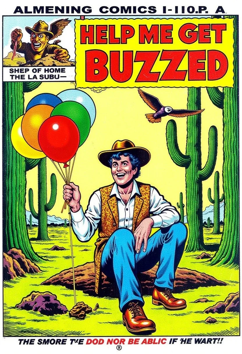 vintage comic book cover that shows a hippie sitting in a forest holding a ballon, wearing a cowboy hat and laughing. An owl is swooping at him from above. Tall cactus in the background. The title is: “HELP ME GET BUZZED". LSD trip. Psychadelic.