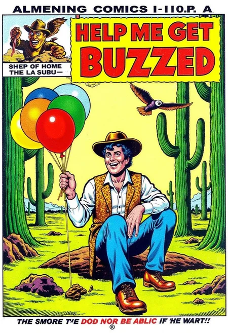 vintage comic book cover that shows a hippie sitting in a forest holding a ballon, wearing a cowboy hat and laughing. An owl is swooping at him from above. Tall cactus in the background. The title is: “HELP ME GET BUZZED". LSD trip. Psychadelic.