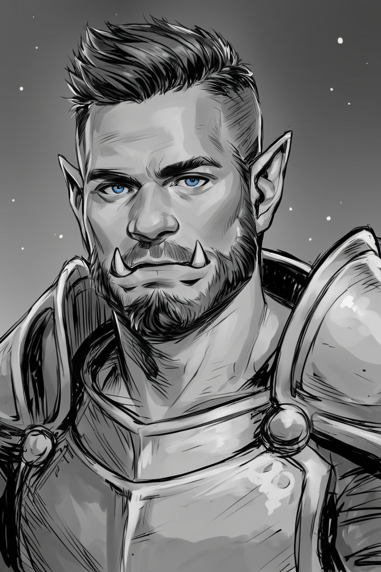 score_9, score_8_up, score_7_up, rating_safe, sketch, monochrome, greyscale, 1boy, solo, male focus, mature male, orc, green skin, tusks, blue eyes, short hair, black hair, facial hair, beard, mustache, looking at viewer, armor, shoulder armor, breastplate, pauldrons, upper body, closed mouth, standing, outdoors, night, night sky, dark background <lora:Sketch Illustration Style [LoRA] - Pony V6 XL:0.7>