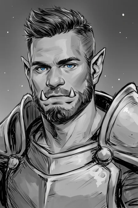 score_9, score_8_up, score_7_up, rating_safe, sketch, monochrome, greyscale, 1boy, solo, male focus, mature male, orc, green skin, tusks, blue eyes, short hair, black hair, facial hair, beard, mustache, looking at viewer, armor, shoulder armor, breastplate, pauldrons, upper body, closed mouth, standing, outdoors, night, night sky, dark background <lora:Sketch Illustration Style [LoRA] - Pony V6 XL:0.7>