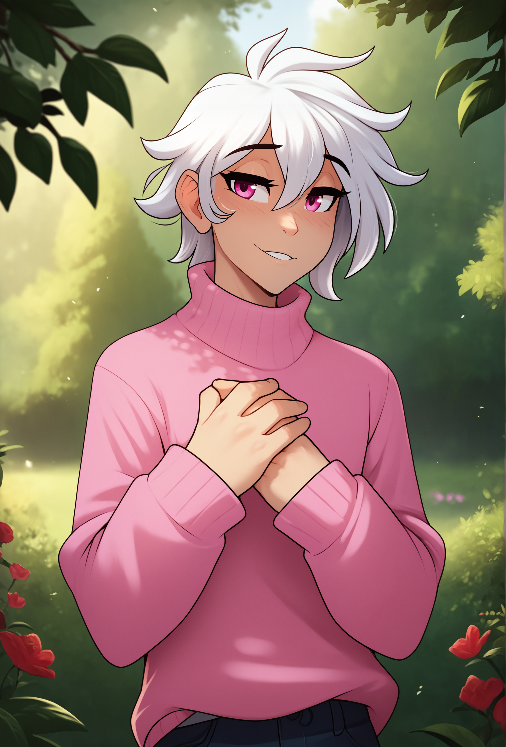 score_9, score_8_up, score_7_up, score_6_up, score_5_up, score_4_up, <lora:tom_fischbach_style_ponyXL_v1.5:0.75> tomfischbach, 1boy, femboy, white hair, sweater, sleeves past wrist, pink eyes, nature, depth of field