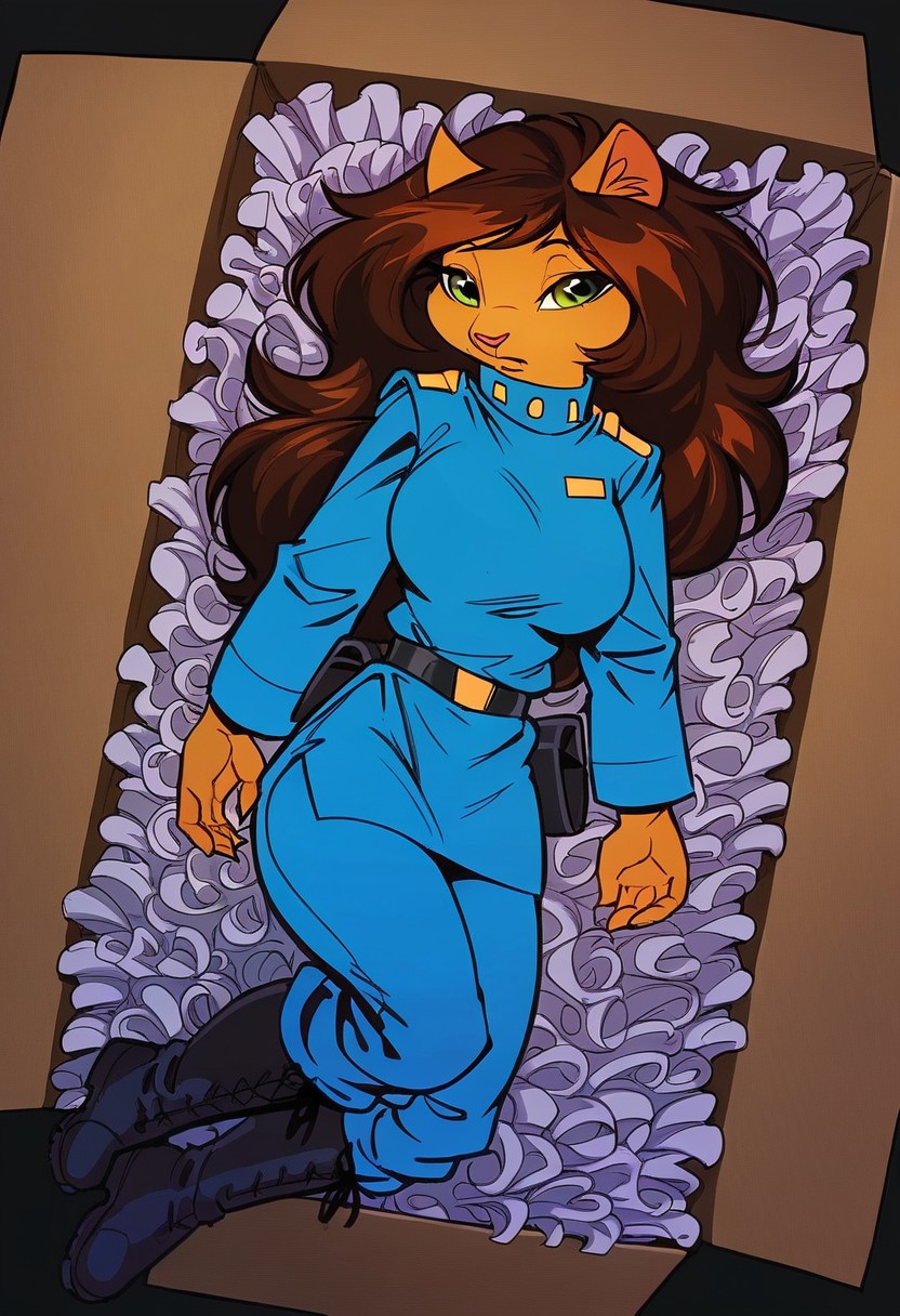 score_9, score_8_up, score_7_up,
Erma Felna,furry female, animal ears, catgirl, green eyes, long hair, brown hair, yellow fur,military uniform,blue high-collared jacket, blue pants,long sleves, belt, boots
, 1 girl, solo, ,big breasts,  strong contrast, intricate details:1.5, deactivated, ((sleeping  girl in a box, in plastic , new buying, just opened, girl in a box,, )) , long shot, view from above