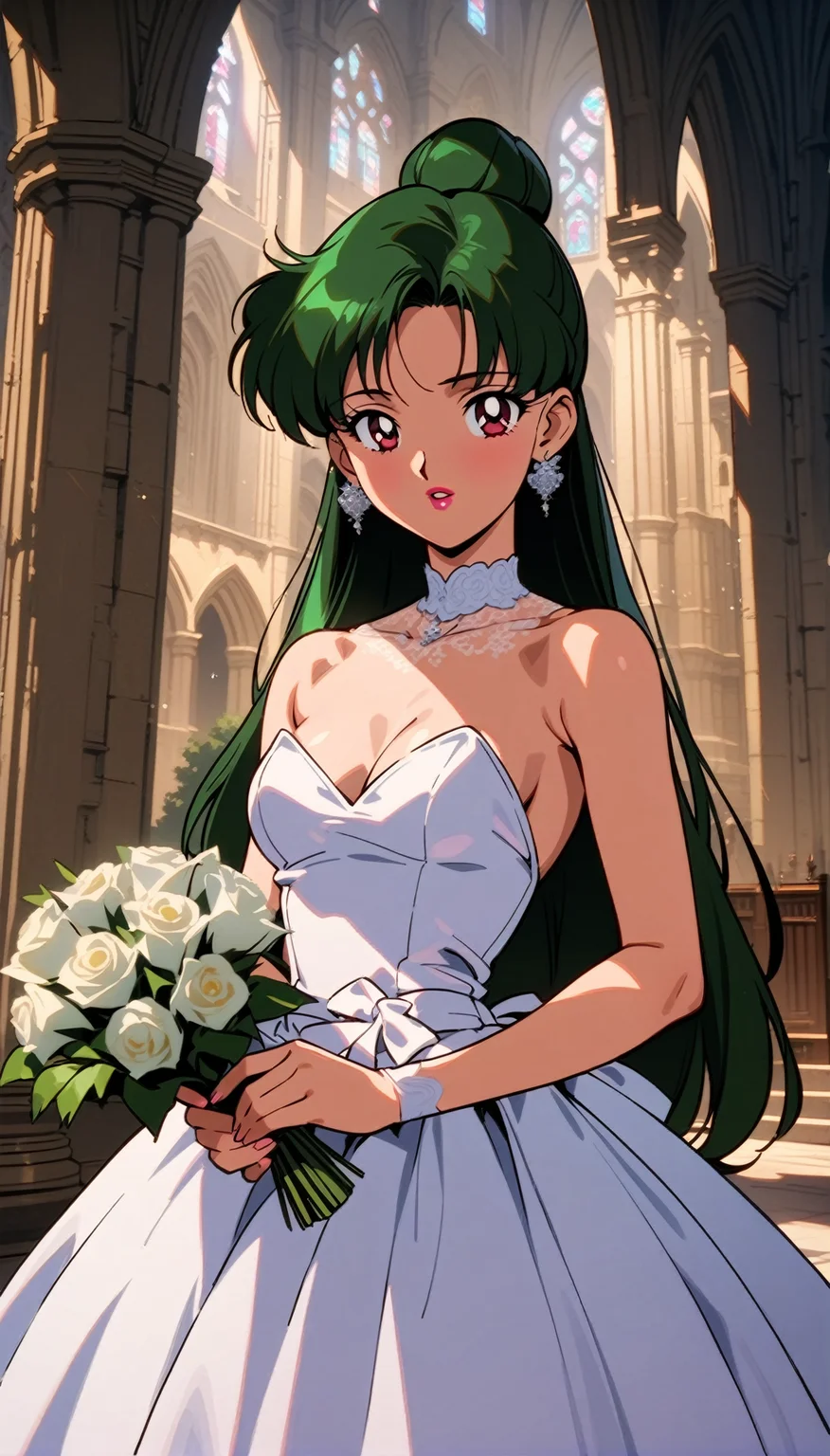masterpiece,best quality,very aesthetic,ultra detailed,intricate details,<lora:Sailor Pluto XL:0.9>,1girl,solo,1990s \(style\),carmine eyes,lipstick,hair bun,single hair bun,long hair,dark green hair,wedding dress,cathedral,outdoors,indoors,holding bouquet,