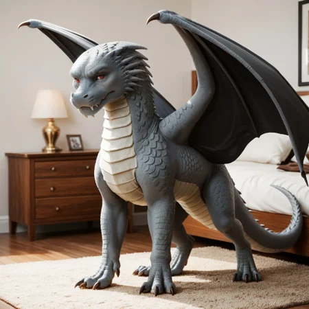 score_9, score_8_up, score_7_up, score_6_up, score_5_up, score_4_up, masterpiece, high quality, realistic, detailed, best quality, solo, rating_safe, source_furry, bedroom, standing, grumpy, angry, growling at viewer, detailed eyes, feral, maverick_awsw, dragon, gray scales, tail, scales, claw, red eyes, 1boy, male, full body, wings