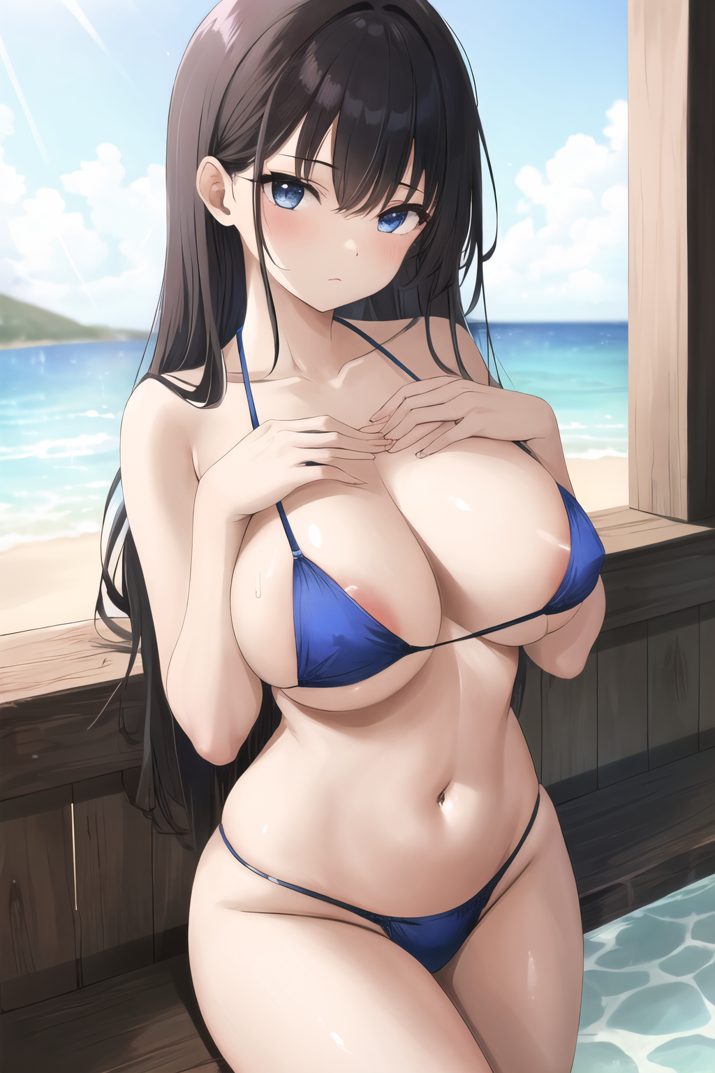 masterpiece, best quality, ultra-detailed, 1 girl,  areola slip, bikini