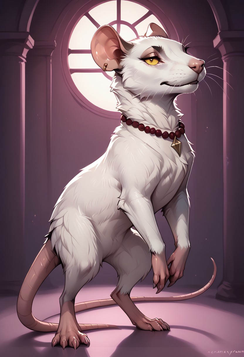 score_9, score_8_up, score_7_up, score_6_up, score_5_up, score_4_up, 
feral, rat
(solo), full body shot, rat feral, feral, rat, female rat, female feral, (nightclub:1,4), dance floor, white fur, femine, seductive expression, looking at viewer, no dress, standing on back legs, sexy dance, sexy pose, arched back, jewelry, garnet necklace, detailed fur, 3/4 side view