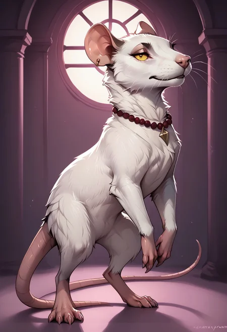 score_9, score_8_up, score_7_up, score_6_up, score_5_up, score_4_up,
feral, rat
(solo), full body shot, rat feral, feral, rat, female rat, female feral, (nightclub:1,4), dance floor, white fur, femine, seductive expression, looking at viewer, no dress, standing on back legs, sexy dance, sexy pose, arched back, jewelry, garnet necklace, detailed fur, 3/4 side view