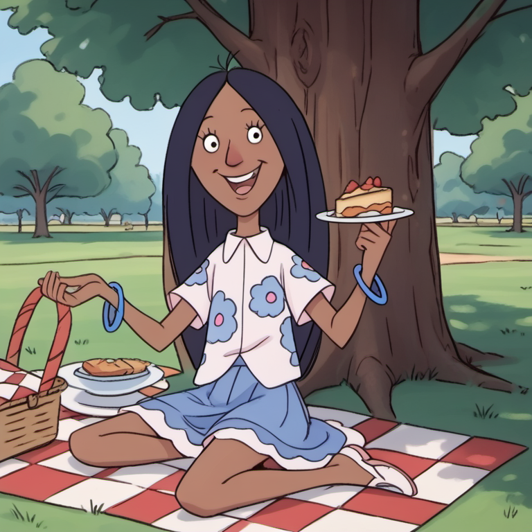 score_9, score_8_up, score_7_up, 1girl, solo, gghh1, dark skin, black hair, happy, long hair, skirt, bracelet, sitting on picnic blanket, under a tree, food, picnic, park, official style, <lora:gghh1:1.1>, Volumetric Lighting,