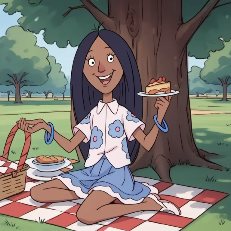 score_9, score_8_up, score_7_up, 1girl, solo, gghh1, dark skin, black hair, happy, long hair, skirt, bracelet, sitting on picnic blanket, under a tree, food, picnic, park, official style, <lora:gghh1:1.1>, Volumetric Lighting,