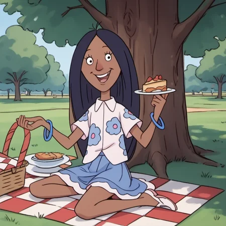 score_9, score_8_up, score_7_up, 1girl, solo, gghh1, dark skin, black hair, happy, long hair, skirt, bracelet, sitting on picnic blanket, under a tree, food, picnic, park, official style, <lora:gghh1:1.1>, Volumetric Lighting,