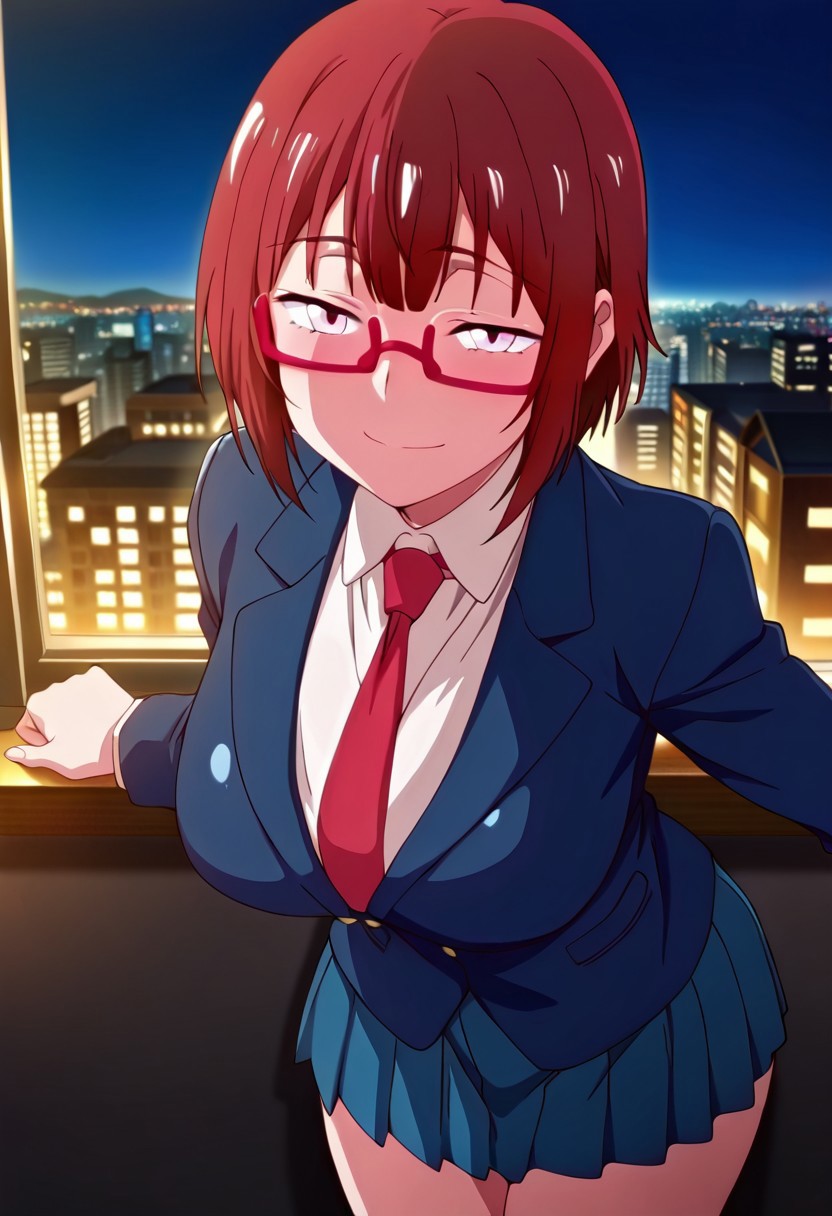 ((masterpiece, absurdres)), best quality, amazing quality, newest, 4k, anime coloring, very aesthetic, ray tracing, Smooth Quality, CG, source_anime,
city view,night,chitose, 1 female, red hair, pink eyes, red glasses, short hair, school uniform, ties,miniskirt,dusk lighting