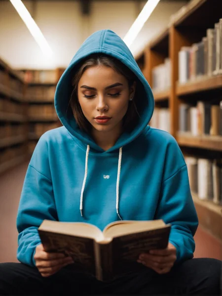A dynamic cinematic photograph of Jenna_Sims_P_MXAI_SDXL:1.2 , intense expression, wearing shorts and a hoodie, reading a book in a huge old library, full body shot,, SK_CINEMATIC, ziprealism