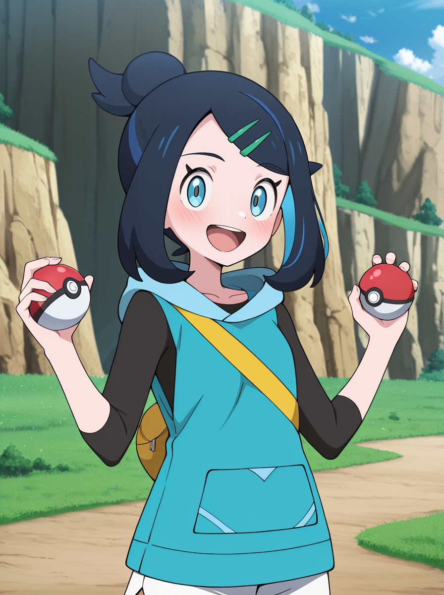 masterpiece, best quality, amazing quality, very aesthetic, absurdres, newest, anime screenshot, anime coloring , <lora:LikoMegaVoltage:1>likomega, 1girl, hair ornament, hairclip, solo, smile, shorts, black hair, white shorts, blue hair, blush, single hair bun holding poke ball,  poke_ball open mouth,  happy, upper body, looking at viewer,