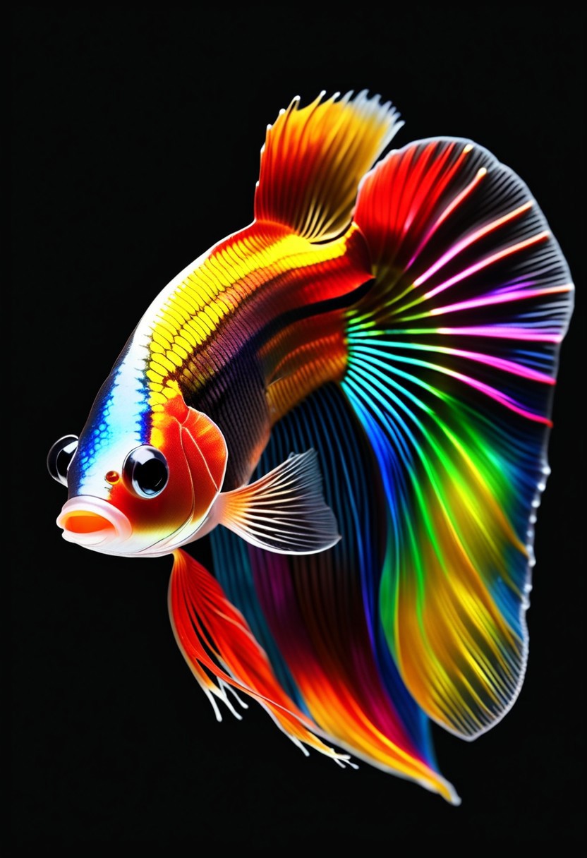 A beautiful Beta Fish, side view, solo, black background, 4k, UHD, cinematic lights, dramatic exposure. made of l1qu1dp34rl, metal, pearlescent, rainbow colors