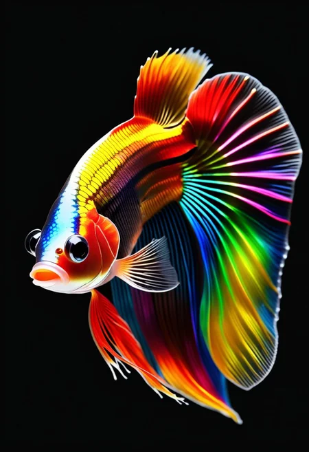 A beautiful Beta Fish, side view, solo, black background, 4k, UHD, cinematic lights, dramatic exposure. made of l1qu1dp34rl, metal, pearlescent, rainbow colors