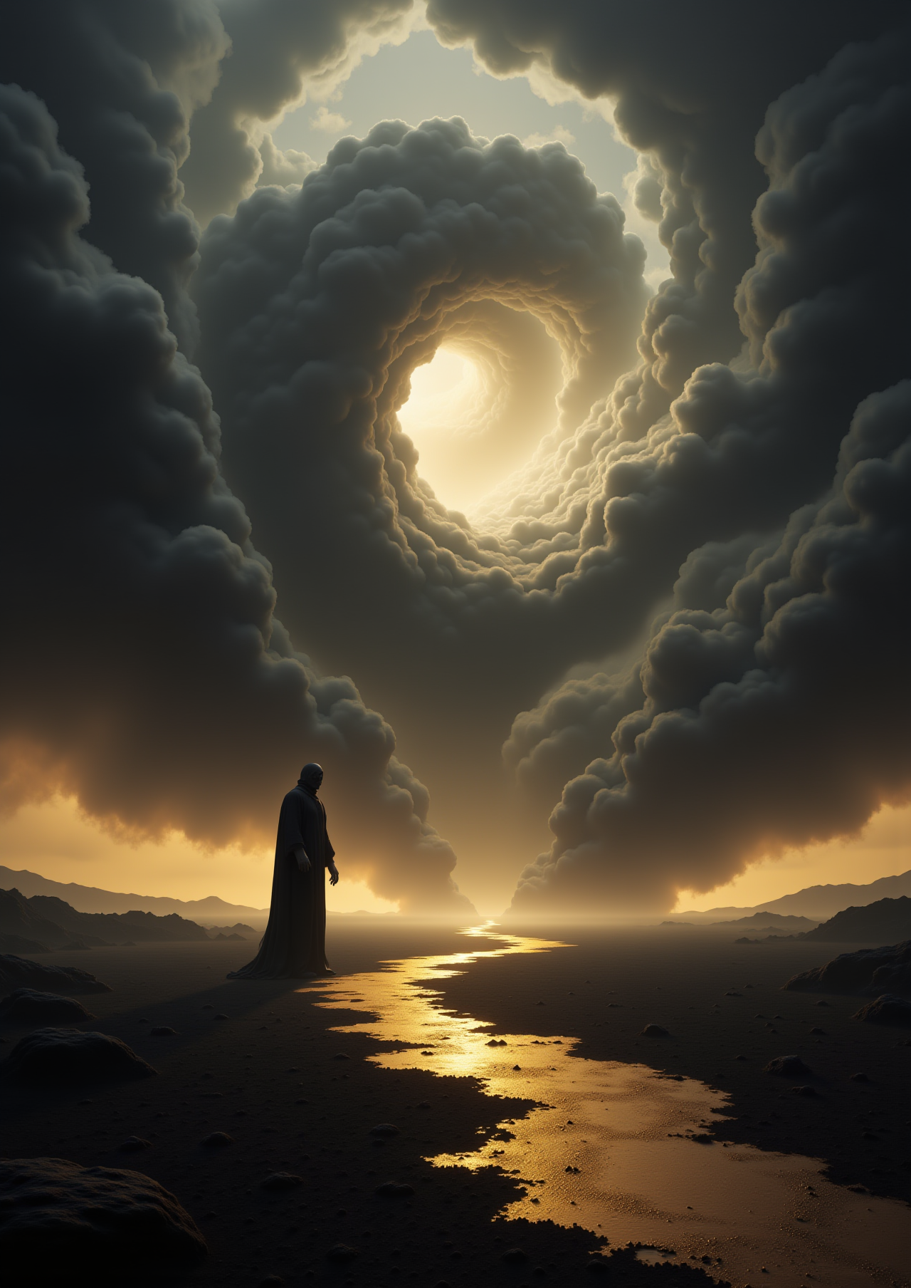 The image is a highly detailed, photorealistic CGI rendering of a surreal style. It depicts a mystical, ethereal landscape at dusk. The scene shows a lone figure in dark silhouette standing on a desolate, uneven ground that is a mixture of dirt and ashes of emptiness, with a golden path leading to a cave full of horrors. The figure is tall and imposing, suggesting a legendary evil character.
The background is dominated by 20 huge, swirling vortices of dark, stormy clouds and swirling mist in dark shades of gray, black and gold. the void has taken over the scene. chaos and grief are a play of reality here