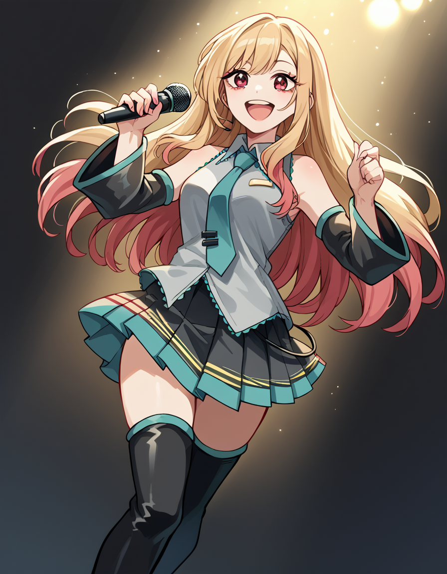 score_9, score_8_up, score_7_up, source_anime, marinkitagawa, <lora:marin-kitagawa-ponyxl-lora-nochekaiser:1>, marin kitagawa, long hair, bangs, blonde hair, red eyes, multicolored hair,, <lora:hatsune-miku-cosplay-ponyxl-lora-nochekaiser:1>, hatsunemikucosplay, hatsune miku \(cosplay\), aqua necktie, black footwear, black skirt, black sleeves, boots, collared shirt, detached sleeves, grey shirt, necktie, pleated skirt, shirt, skirt, sleeveless, sleeveless shirt, thigh boots, tie clip,, stage, stage lightings, singing, microphone, holding microphone, open mouth, smile,, cowboy shot, dutch angle,