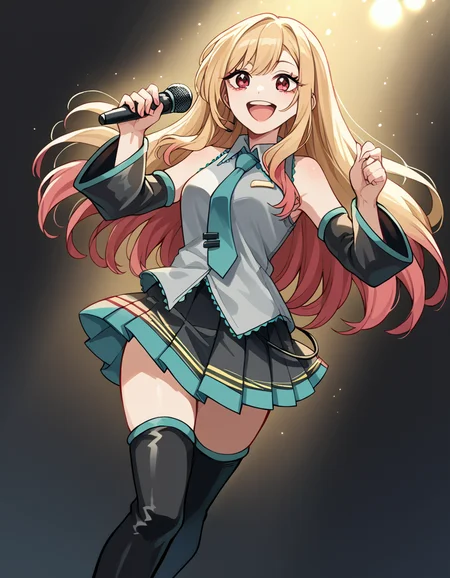 score_9, score_8_up, score_7_up, source_anime, marinkitagawa, <lora:marin-kitagawa-ponyxl-lora-nochekaiser:1>, marin kitagawa, long hair, bangs, blonde hair, red eyes, multicolored hair,, <lora:hatsune-miku-cosplay-ponyxl-lora-nochekaiser:1>, hatsunemikucosplay, hatsune miku \(cosplay\), aqua necktie, black footwear, black skirt, black sleeves, boots, collared shirt, detached sleeves, grey shirt, necktie, pleated skirt, shirt, skirt, sleeveless, sleeveless shirt, thigh boots, tie clip,, stage, stage lightings, singing, microphone, holding microphone, open mouth, smile,, cowboy shot, dutch angle,