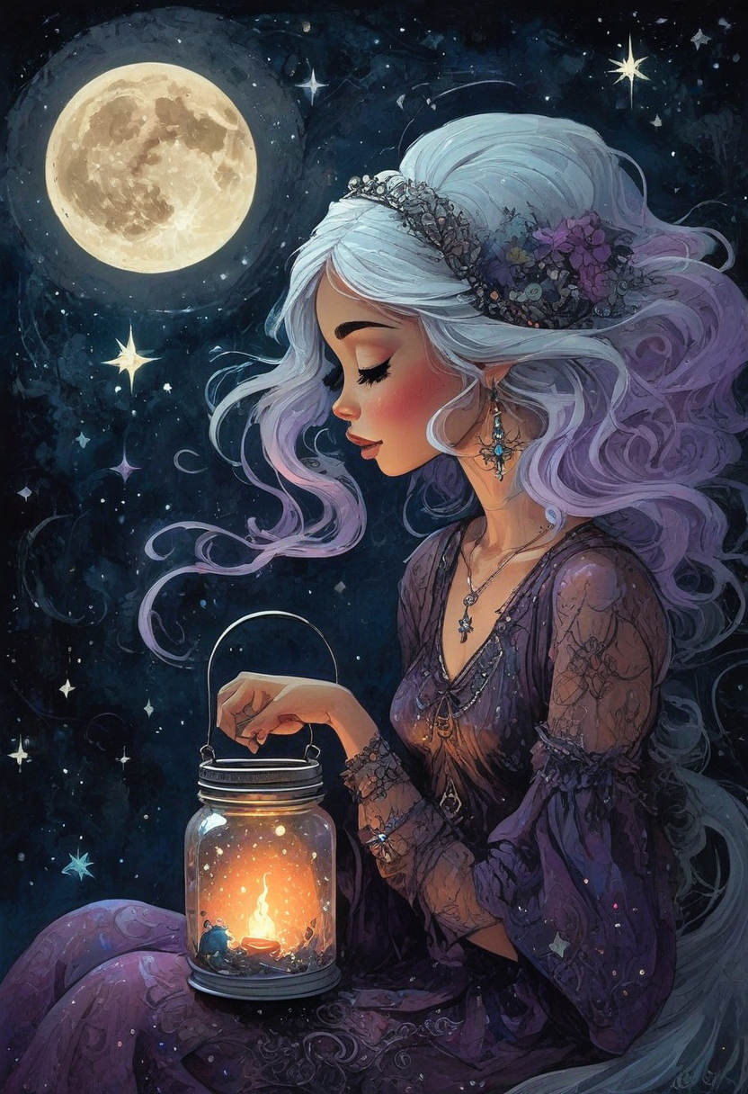 CreepyCuteMagical,   A whimsical young witch with sparkling silver hair sits on a crescent moon, her wide eyes filled with wonder. She holds a glowing jar of stardust in her hands, the stars inside twinkling like fireflies. The sky behind her is a dreamy mix of midnight blues and purples, dotted with constellations that seem alive. Her expression is one of awe, as if she's discovered a secret only the stars know. The mood evokes a childlike curiosity and enchantment.