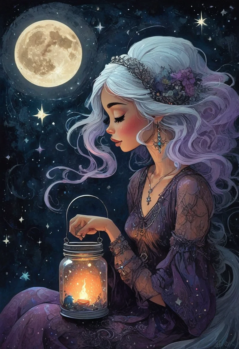 CreepyCuteMagical, A whimsical young witch with sparkling silver hair sits on a crescent moon, her wide eyes filled with wonder. She holds a glowing jar of stardust in her hands, the stars inside twinkling like fireflies. The sky behind her is a dreamy mix of midnight blues and purples, dotted with constellations that seem alive. Her expression is one of awe, as if she's discovered a secret only the stars know. The mood evokes a childlike curiosity and enchantment.