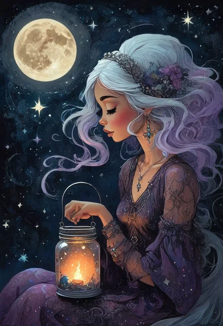 CreepyCuteMagical, A whimsical young witch with sparkling silver hair sits on a crescent moon, her wide eyes filled with wonder. She holds a glowing jar of stardust in her hands, the stars inside twinkling like fireflies. The sky behind her is a dreamy mix of midnight blues and purples, dotted with constellations that seem alive. Her expression is one of awe, as if she's discovered a secret only the stars know. The mood evokes a childlike curiosity and enchantment.