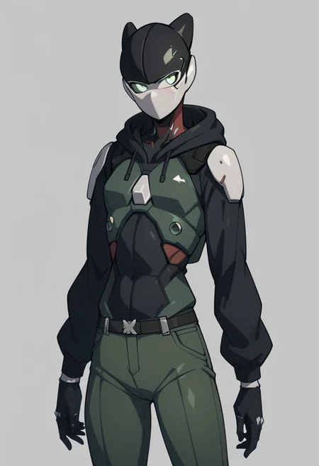 Techwear fashion, score_9, score_8_up, score_7_up, score_6_up, score_5_up, score_4_up,
1girl, BC-1, grey_background, simple_background, solo, standing, fullbody, a character portrait, BC-1 helmet, <lora:BC-1_V2_r1:0.8>, wearing green military cargo trousers, dark navy blue sci-fi hoodie, Futuristic, cyberpunk, urban, tactical, sleek, dark, highly detailed