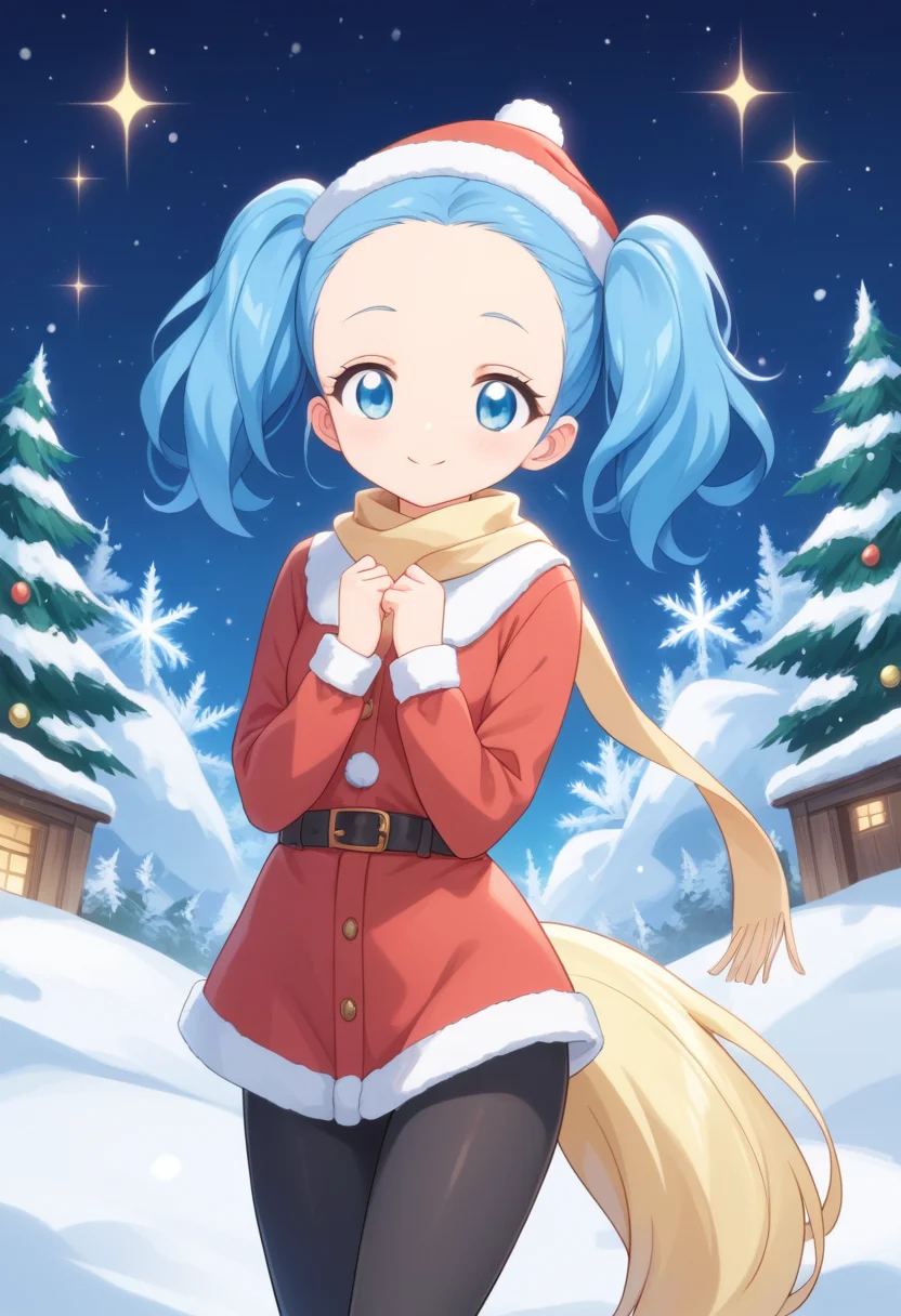 score_9, score_8_up, score_7_up, score_6_up, score_5_up, BREAK
sapphiehuman, twintails, blue eyes, blue hair, tail, hair ornament, head wreath,forehead, 1girl, solo, smile, blush, looking at viewer, outside, snow, christmas trees, (red santa outfit, santa hat), scarf, sparkles, night time, long sleeves, black leggings, forehead