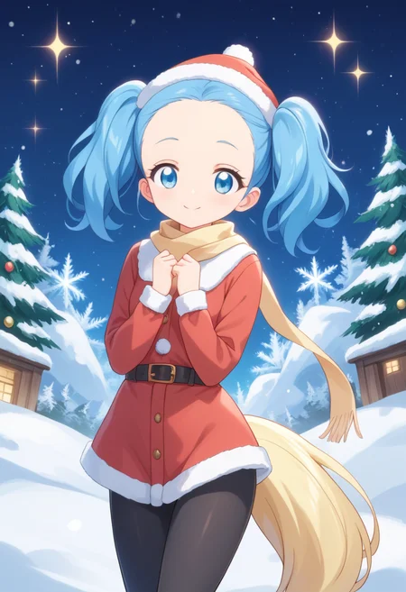 score_9, score_8_up, score_7_up, score_6_up, score_5_up, BREAK
sapphiehuman, twintails, blue eyes, blue hair, tail, hair ornament, head wreath,forehead, 1girl, solo, smile, blush, looking at viewer, outside, snow, christmas trees, (red santa outfit, santa hat), scarf, sparkles, night time, long sleeves, black leggings, forehead