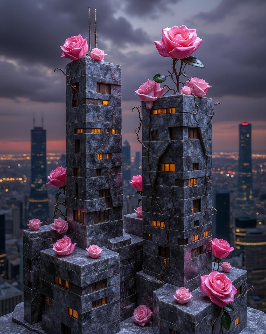<lora:ck-polygon-gems-0019.safetensors:1> a crafted gemstone model in the style of cklg featuring a
In a realm where the boundaries of the natural and the industrial blur, a cityscape emerges from the shadows, its skyscrapers rising like skeletal fingers against a sky of deep, bruised purples. The buildings, once monuments of glass and steel, now appear corroded, their surfaces etched with sinewy cracks and tendril-like formations. The tops of the skyscrapers are adorned with bouquets of roses, their petals a vivid, almost surreal pink, set against the dark, fractured facades. These roses, large and detailed, seem to pulse with an otherworldly energy, their veined petals and thorny stems entwined with the corroded steel and shattered porcelain of the city.
Light invades the scene with stark, directional highlights, casting deep shadows and emphasizing the sharp, jagged edges of the buildings. The roses themselves are a striking contrast, their vibrant colors glowing against the muted silvers and dark shadows. The cityscape, viewed from the front, is a symphony of chaos and order, with finely etched patterns coexisting alongside fraying, deteriorating edges. The entire scene is bathed in a haunting tension, the roses representing both beauty and decay, a surreal and powerful juxtaposition in this gothic, battle-worn world.