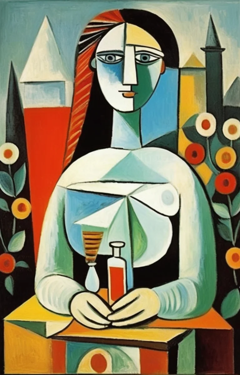 masterpiece,best quality,<lora:tbh296-sdxl:0.8>,illustration,style of Pablo Picasso, A bottle of perfume in garden