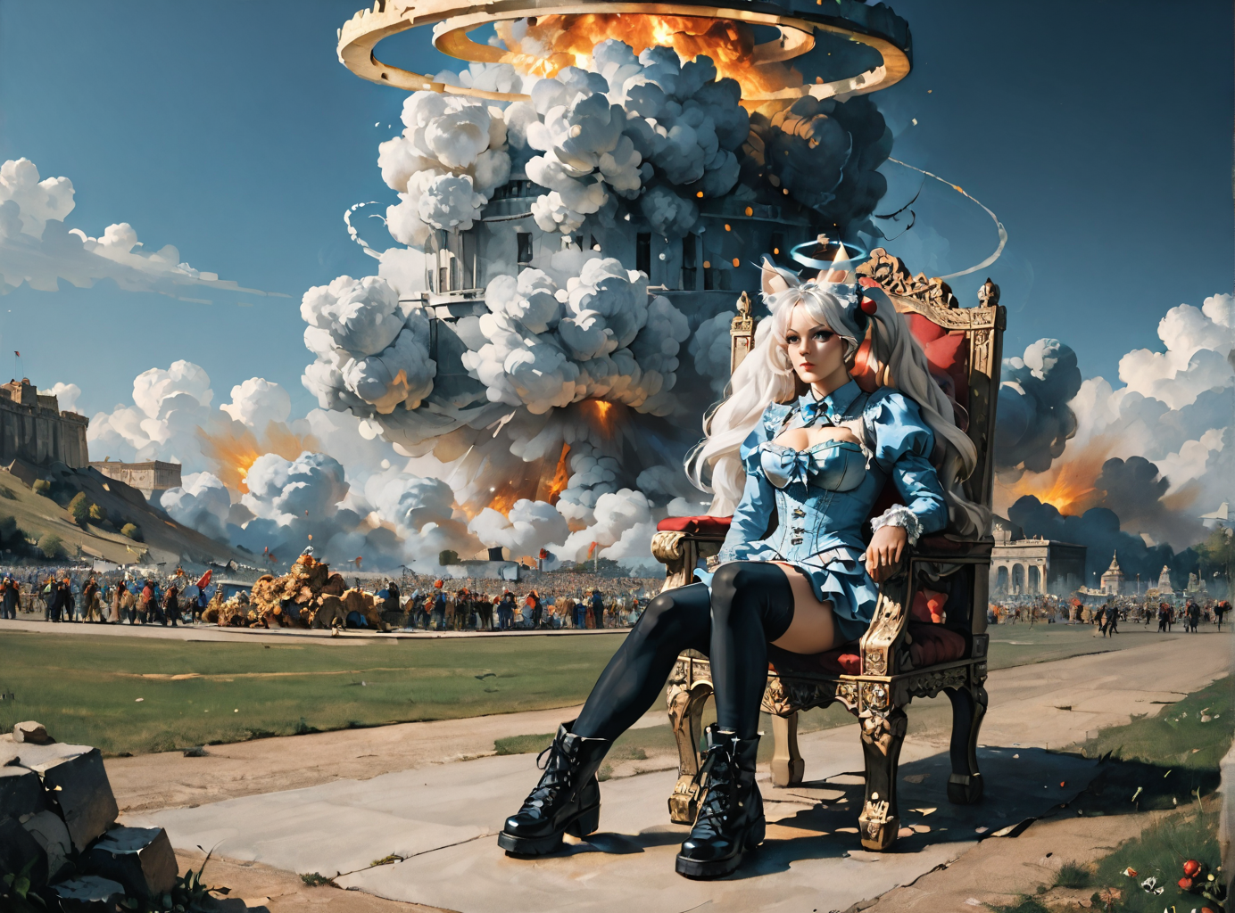 score_9, score_8_up, score_7_up, Environmental scene, character off to side, looking away view, parade rest,  <lora:Kirsche:1>(kirsche, twintails, long hair, fluffy hair, cherry hairornaments, white hair, animal ears, large breasts, halo), lace-up cords, corset, black combat boots, Black hair, white highlights, <lora:Nuclear_Explosion:1> Nuclear Explosion, Blue Nuke in the Background, A skulls throne, darkened by time and decay, the growing black tendrils sprawl in technological terror,highly detailed