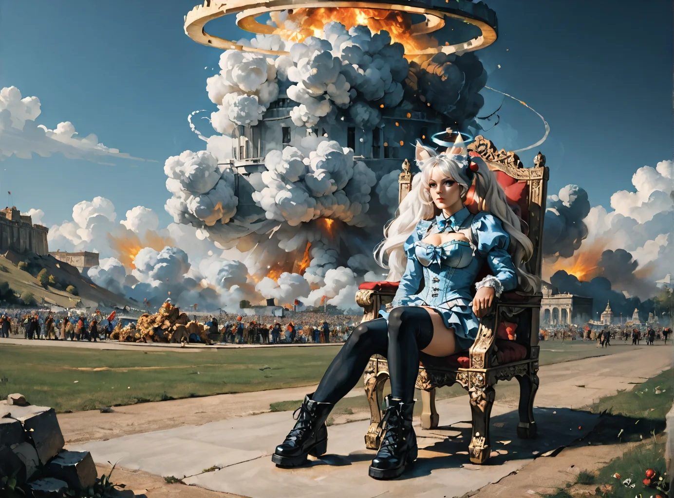 score_9, score_8_up, score_7_up, Environmental scene, character off to side, looking away view, parade rest, <lora:Kirsche:1>(kirsche, twintails, long hair, fluffy hair, cherry hairornaments, white hair, animal ears, large breasts, halo), lace-up cords, corset, black combat boots, Black hair, white highlights, <lora:Nuclear_Explosion:1> Nuclear Explosion, Blue Nuke in the Background, A skulls throne, darkened by time and decay, the growing black tendrils sprawl in technological terror,highly detailed